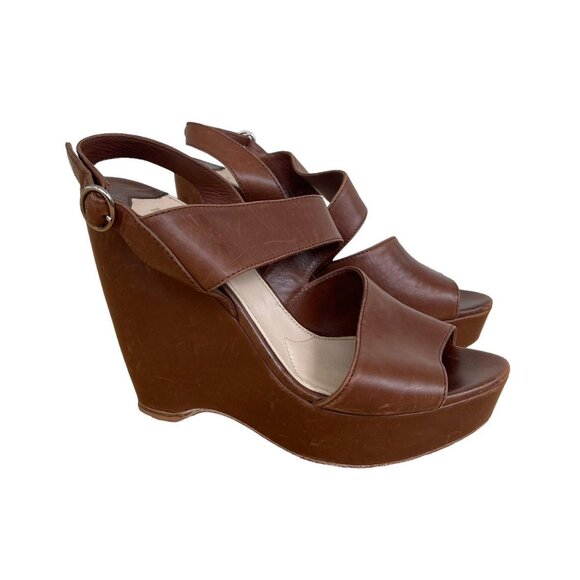 🤎 Prada Brown Leather Platform Wedge Sandals Open Toe Slingback Size 37 - Picture 1 of 7